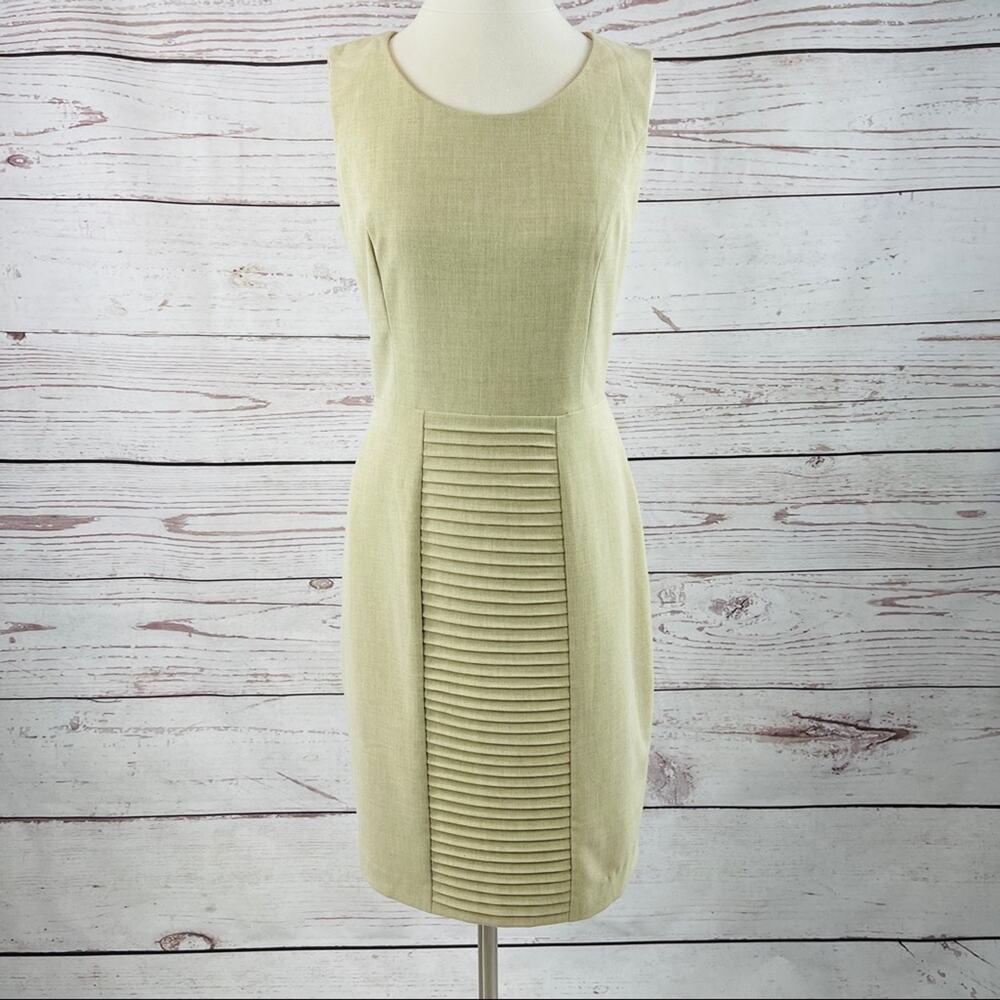 Calvin Klein tan pleated skirt front sheath dress